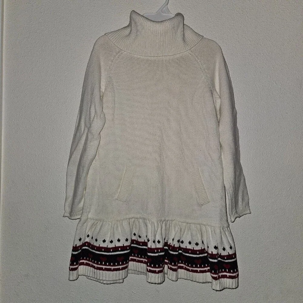 Gap Kids Off-White Knit Dress Turtleneck Red Hearts Trim Girls XL 12 Valentine